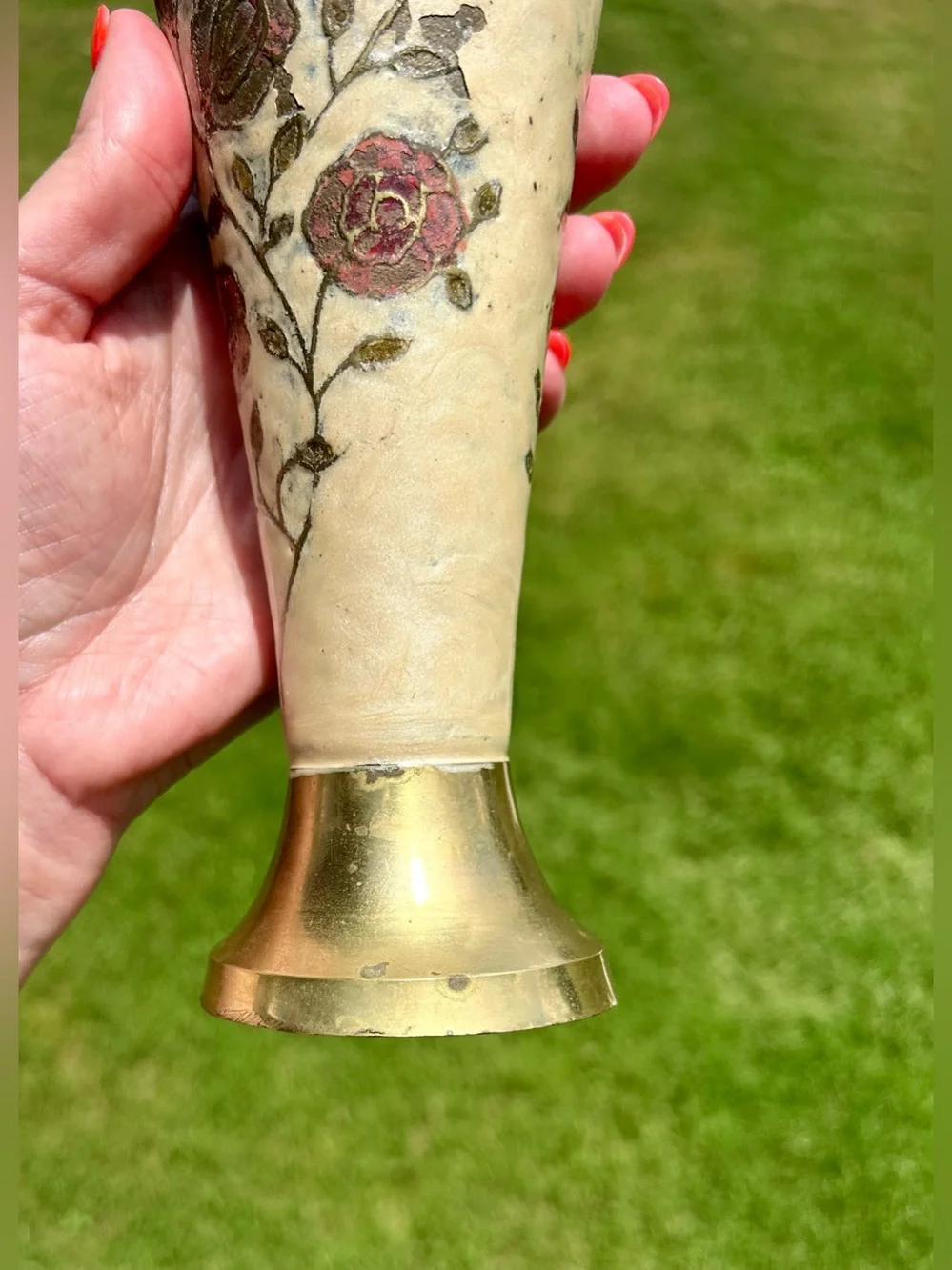 Vintage Enameled Brass Rose Bud Vase 70s India Cloisonne Style - Picture 9 of 12